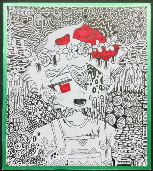 Rule 34 | 1boy, basil (headspace) (omori), basil (omori), collarbone, double-parted bangs, flower, flower wreath, greyscale, hair between eyes, head wreath, highres, lower teeth only, male focus, monochrome, omori, open mouth, overalls, red eyes, shirt, short hair, sidelocks, solo, spot color, t-shirt, teeth, traditional media, uminosoko44, upper body