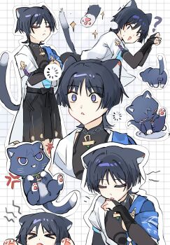 Rule 34 | > <, 1boy, anger vein, animal ears, animal hands, animalization, black bodysuit, black bow, black bridal gauntlets, black cat, black hair, black shorts, blue cape, blue kimono, blunt ends, bodysuit, bow, bridal gauntlets, buffering, cape, cat, cat boy, cat ears, cat paws, cat tail, closed eyes, closed mouth, collar, commentary request, crossed arms, empty eyes, eyeliner, eyeshadow, facing down, fang, furisode, genshin impact, gold, gold pendant, green collar, grid background, hakama, hakama shorts, hands up, highres, japanese clothes, juban, kimono, licking, licking hand, licking testicle, looking at viewer, makeup, male focus, mandarin collar, multiple views, open clothes, open kimono, open mouth, oral, outline, paw pose, person and animalization, pleated shorts, purple eyes, purple rope, red eyeliner, red eyeshadow, rope, scaramouche (cat) (genshin impact), scaramouche (genshin impact), short sleeves, shorts, shoulder peek, suyi42478390, tail, tail raised, testicles, triangle mouth, wanderer (genshin impact), white background, white kimono, white mouth, white outline, white sleeves, white trim, wide-eyed, wispy bangs, x anus