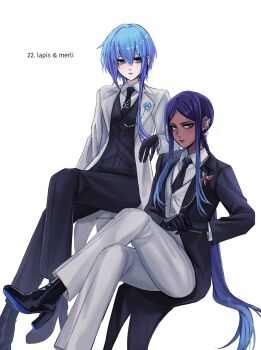 Rule 34 | 2girls, aoki lapis, arm on another's shoulder, black boots, black gloves, black jacket, black necktie, black pants, blue eyes, blue gem, blue hair, boots, butterfly brooch, character name, commentary, crossed legs, dark-skinned female, dark skin, earrings, english commentary, formal clothes, gem, gloves, gradient hair, high heel boots, high heels, highres, invisible chair, jacket, jewelry, long hair, long sidelocks, looking at viewer, looking to the side, low ponytail, merli (vocaloid), multicolored hair, multiple girls, necktie, pants, pink gem, ponytail, purple hair, rozenseraph, shirt, siblings, sidelocks, sisters, sitting, suit, very long sidelocks, vest, vocaloid, white background, white jacket, white pants, white shirt, white vest