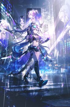 absurdres black_gloves black_shorts boots building chinese_commentary city commentary_request cropped_shirt crosswalk drill_hair eyewear_on_head fingerless_gloves fishnet_socks fishnets full_body gloves grey_eyes grey_hair hair_between_eyes high_heel_boots high_heels highres honkai:_star_rail honkai_(series) jacket long_hair mechanical_legs mechanical_tail multiple_girls night open_clothes open_jacket outdoors ponytail rain road seven60755660 shirt shorts silver_wolf_(honkai:_star_rail) silver_wolf_(lv.999)_(honkai:_star_rail) single_fingerless_glove single_mechanical_glove single_mechanical_leg sky socks tail thigh_strap twin_drills very_long_hair walking