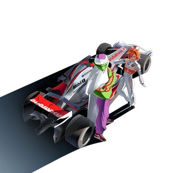 1boy 1girl animal_ears cape car colored_skin crossed_arms crown dragon_ball dragonball_z formula_one formula_racer green_skin hair_between_eyes highres horse_ears horse_girl long_sleeves mini_crown motor_vehicle muscular muscular_male no_tail open_mouth orange_hair pants piccolo pink_crown pointy_ears purple_eyes purple_pants race_vehicle racecar racing_suit short_hair t.m._opera_o_(umamusume) toyeeta_prius turban umamusume white_racing_suit