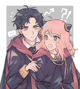 !? ... 1boy 1girl aged_up ahoge anya_(spy_x_family) arrow_(symbol) black_cape blush cape commentary_request damian_desmond eden_academy_school_uniform flying_sweatdrops frown hairpods hood hooded_cape hyeon_0613 korean_commentary medium_hair open_mouth school_uniform smile spoken_ellipsis spy_x_family