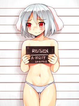Rule 34 | 1girl, alternate hair color, animal ears, bad id, bad pixiv id, cowboy shot, female focus, floppy ears, highres, looking away, mono (moiky), mugshot, navel, panties, placard, rabbit ears, red eyes, reisen, short hair, sign, silver hair, solo, striped background, striped clothes, striped panties, tears, thigh gap, touhou, underwear, underwear only