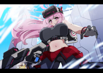 1girl black_gloves black_pants black_sports_bra blue_archive blue_sky breasts commentary_request eimi_(battlesuit)_(blue_archive) eimi_(blue_archive) elbow_gloves gloves gun halo head-mounted_display highres holding holding_gun holding_weapon large_breasts letterboxed long_hair looking_at_viewer midriff navel official_alternate_costume pants pink_eyes pink_hair pink_halo serious single_elbow_glove sky solo sports_bra weapon zuyosh