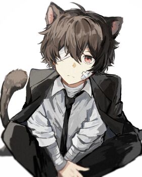 1boy animal_ears arms_between_legs bandage_over_one_eye bandaged_arm bandaged_neck bandages black_jacket black_necktie black_pants brown_hair bungou_stray_dogs cat_boy cat_ears cat_tail closed_mouth collared_shirt dazai_osamu_(bungou_stray_dogs) dot_nose gauze gauze_on_cheek hashtag-only_commentary highres jacket jacket_on_shoulders knees_up male_focus necktie pants sevenlistening shirt solo suit_jacket tail white_shirt