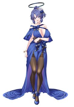 1girl absurdres black_pantyhose blue_archive blue_dress blue_ribbon blue_shoes breasts cleavage collarbone commentary_request dress full_body hair_ribbon halo highres large_breasts long_dress long_hair mechanical_halo pantyhose purple_hair ribbon shirokuma_a shoes short_hair simple_background solo standing white_background yuuka_(blue_archive)
