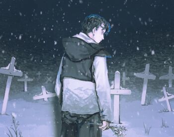 Rule 34 | 0pa9ue4, 1boy, black hair, cowboy shot, earrings, flower, from behind, grass, graveyard, highres, holding, holding flower, hood, hood down, jacket, jewelry, looking at viewer, looking back, male focus, multicolored jacket, night, original, short hair, snow, snowing, solo, two-tone jacket