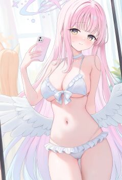 2girls absurdres angel_wings arm_behind_back bare_arms bare_shoulders bikini blue_archive blush breasts cellphone cleavage closed_mouth collarbone commentary_request frilled_bikini frills halo highres holding holding_phone large_breasts long_hair low_wings mika_(blue_archive) mika_(swimsuit)_(blue_archive) multiple_girls navel phone pink_hair pink_halo revision selfie smartphone stomach swimsuit very_long_hair wings yellow_eyes zhuan_yan_ruyan