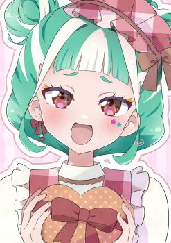 1girl :d blunt_bangs box chii_(chi_pppuri) chimumu double_bun frilled_hairband frills gift gift_box green_hair hair_bun hairband hands_up heart-shaped_box highres holding holding_gift looking_at_viewer multicolored_hair open_mouth pink_background pretty_series red_eyes red_hairband ribbon_earrings shirt short_hair sidelocks smile solo star_(symbol) star_sticker sticker streaked_hair upper_body waccha_primagi! white_hair white_shirt