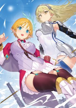 2girls aiz_wallenstein armor armored_boots backless_outfit black_socks black_thighhighs blonde_hair blue_eyes blue_footwear blue_gemstone blue_socks blue_thighhighs blush boots breastplate breasts capelet clothing_cutout covered_navel detached_sleeves dot_nose dress dungeon_ni_deai_wo_motomeru_no_wa_machigatteiru_darou_ka elf feet garter_belt garter_straps gem hair_ornament highres holding holding_staff kneehighs large_breasts lefiya_viridis legs long_ears long_hair long_sleeves looking_at_viewer medium_breasts miniskirt multiple_girls navel navel_cutout open_mouth orange_hair pleated_dress pleated_skirt pointy_ears red_capelet short_dress short_hair skirt sky smile socks staff sword_oratoria thigh_boots thighhighs thighs vest white_dress white_garter_belt white_garter_straps white_skirt white_socks white_thighhighs yellow_eyes