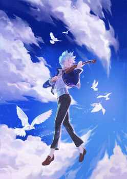 1boy alternate_costume bird black_pants blue_hair blue_jacket blue_sky blue_sleeves bow_(music) brown_shoes buttons center_frills closed_eyes cloud collared_jacket commentary_request cummerbund dated_commentary dove dress_pants dress_shoes feathered_wings flying_sweatdrops formal_clothes frilled_shirt frilled_sleeves frills full_body gold_buttons happy high_collar highres holding holding_bow_(music) holding_instrument holding_violin instrument jacket korean_commentary lanziee_rozen_kranz light_particles male_focus music nexon official_art open_clothes open_jacket open_mouth pants playing_instrument sang_ah_yoon shirt shirt_tucked_in shoes short_hair sidelighting sky solo_focus tales_weaver teeth unbuttoned unbuttoned_jacket upper_teeth_only violin white_bird white_fur white_shirt white_tail wings