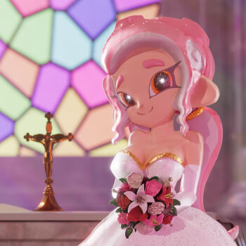 1girl agent_8_(splatoon) altar bouquet breasts bride church church_interior cleavage cross crucifix dress flower gloves highres holding holding_bouquet large_breasts long_hair looking_at_viewer low_ponytail nintendo octoling octoling_girl octoling_player_character octopus_girl orange_eyes pink_hair pointy_ears ponytail smile soandnb splatoon_(series) stained_glass standing strapless strapless_dress suction_cups tentacle_hair upper_body wedding_dress white_dress white_gloves