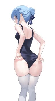 1girl absurdres adjusting_clothes adjusting_swimsuit ass black_one-piece_swimsuit blue_eyes blue_hair blush breasts commentary fawny from_behind hair_bun highres hololive hoshimachi_suisei looking_at_viewer one-piece_swimsuit side_ponytail simple_background single_hair_bun small_breasts solo star_(symbol) star_in_eye swimsuit symbol_in_eye thighhighs thighs virtual_youtuber white_background white_thighhighs