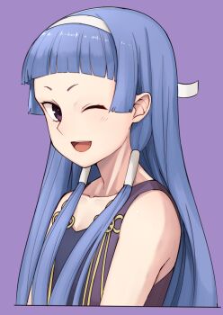 1girl blue_hair blunt_bangs female_focus hairband kannagi long_hair looking_at_viewer michihasu nagi one_eye_closed purple_background purple_eyes simple_background solo upper_body
