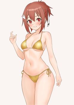 1girl arm_at_side bare_arms bare_shoulders bikini blush breasts commentary_request cowboy_shot gold_bikini grey_background grin hair_between_eyes hair_ornament hair_ribbon hairclip hand_up highres legs_together looking_at_viewer man12sikata-04 medium_breasts ponytail red_eyes red_hair ribbon short_ponytail side-tie_bikini_bottom simple_background smile solo standing string_bikini swimsuit white_ribbon yuuki_yuuna yuuki_yuuna_wa_yuusha_de_aru yuusha_de_aru