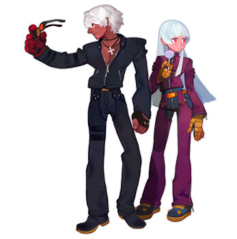 1boy 1girl blue_hair candy commentary cross cross_necklace dark-skinned_male dark_skin english_commentary fl_(l-fl) food highres holding holding_candy holding_food holding_lollipop holding_removed_eyewear jewelry k&#039;_(kof) kula_diamond lollipop long_hair necklace short_hair simple_background swirl_lollipop the_king_of_fighters unworn_eyewear white_background white_hair zipper