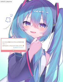 0623_depictor 1girl bare_shoulders black_sleeves blue_eyes blue_hair blurry blush commentary_request depth_of_field detached_sleeves gradient_background hair_between_eyes hair_ornament hand_up hatsune_miku headphones highres holding holding_own_hair long_hair long_sleeves outline parted_lips shirt smile solo translation_request twintails twitter_username upper_body vocaloid white_background white_outline white_shirt