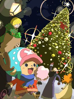 1girl 5boys antlers arm_up bag black_hair blonde_hair blue_scarf christmas christmas_ornaments christmas_tree cigarette coat commentary_request cotton_candy devil_fruit_power elasticity extendable_limbs food from_behind green_scarf grin hat highres holding holding_bag holding_cotton_candy holding_food horns horns_through_headwear lamppost long_hair looking_back looking_up monkey_d._luffy mouth_hold multiple_boys nami_(one_piece) night one_piece open_mouth orange_hair outdoors pointing pointing_up purple_coat red_coat reindeer_antlers roronoa_zoro sanji_(one_piece) scarf smile sparkle standing straw_hat straw_hat_pirates teeth_hold tony_tony_chopper twitter_username u_ta_p usopp winter_clothes