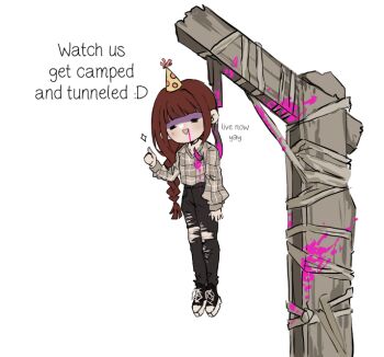 1girl :d artist_self-insert black_pants blood blood_from_mouth blunt_bangs braid brown_hair commentary criis-chan criis-chan_(person) dead_by_daylight english_commentary english_text full_body hair_tie hand_up hanged hat hook impaled long_hair long_sleeves open_mouth original pants party_hat pink_blood plaid_clothes plaid_shirt shirt shirt_tucked_in shoes simple_background smile solo thumbs_up torn_clothes torn_pants white_background