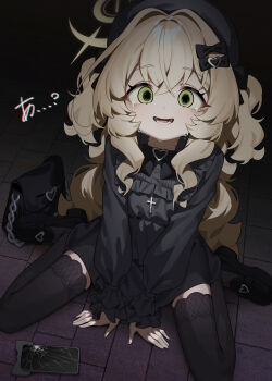 1girl absurdres ahoge alternate_costume alternate_hairstyle bag black_bag black_bow black_dress black_shoes black_thighhighs blonde_hair blue_archive bow brooch cellphone commentary_request cracked_phone cross crying dilated_pupils dress fading fluffy_hair frilled_dress frilled_sleeves frills full_body green_eyes hair_bow hair_ornament halo handbag hands_on_ground hat heart heart_brooch highres honi_(honi1010) jewelry jirai_kei loafers long_hair long_sidelocks phone professor_niyaniya_(blue_archive) shoes side_ahoge sidelocks sitting smartphone solo thighhighs translation_request two_side_up very_long_hair wariza yellow_halo