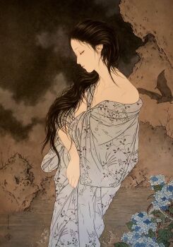 1girl acrylic_paint_(medium) animal bat_(animal) black_hair blue_flower commentary commentary_request dated dated_commentary english_commentary expressionless fine_art_parody flower highres hydrangea long_hair mixed-language_commentary nihonga off_shoulder original painting_(medium) parody solo standing traditional_media ukiyo-e yamamoto_takato