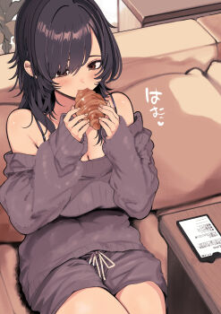 1girl barbell_piercing bread breasts brown_eyes brown_hair cellphone cleavage commentary_request couch cowboy_shot ear_piercing eating food from_above highres holding holding_food indoors industrial_piercing large_breasts long_hair off-shoulder_sweater off_shoulder original phone piercing purple_shorts purple_sweater shorts sitting smartphone suzuki_toto sweater translation_request