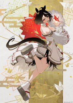 1girl absurdres animal_ears black_hair black_tail blush breasts commentary_request detached_sleeves dress ear_ornament full_body highres horse_ears horse_girl horse_tail horseshoe japanese_clothes kitasan_black_(jubilant_star_auspicious_crane)_(umamusume) kitasan_black_(umamusume) large_breasts looking_at_viewer multicolored_hair official_alternate_costume open_mouth origami paper_crane red_eyes short_hair smile socks solo strapless strapless_dress tabi tail teeth thighs two-tone_hair umamusume white_dress white_hair white_sleeves white_socks white_streaks wide_sleeves yakousei_a