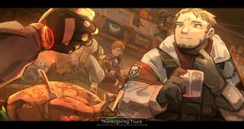 1girl 5boys body_armor bulletproof_vest camouflage chest_rig cleaners combat_helmet cup dinner drinking_glass food fork helmet highres holding last_man_battalion load_bearing_vest military_operator multiple_boys rogue_division_agent snow_camouflage snow_print tactical_clothes thanksgiving tom_clancy&#039;s_the_division turkey_(food) turkey_leg xinhao