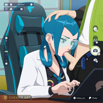 1boy 1girl artist_name belt black_nails black_pants black_shirt blue_belt blue_eyes blue_hair blue_necktie chair cheka_(artist) coat collared_shirt commentary computer eyelashes fellatio gameplay_mechanics glasses green_jacket hair_rings hand_on_another&#039;s_head indoors jacket laptop lipstick long_hair looking_down mable_(pokemon) makeup nail_polish necktie nintendo open_clothes open_coat oral pants paxton_(pokemon) penis pink_lips pokemon pokemon_legends:_z-a shirt testicles time_stop uncensored white_coat white_shirt