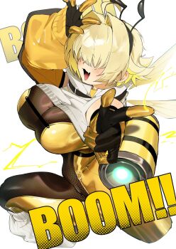 1girl ahoge alternate_costume antennae bee_wings black_bodysuit black_gloves blonde_hair blush bodysuit breasts commentary cropped_legs cropped_sweater electricity elegg_(nikke) english_text facing_viewer fake_antennae fang feet_out_of_frame foreshortening from_side gloves goddess_of_victory:_nikke gold_gloves hair_intakes hair_over_eyes highres honeycomb_(pattern) insect_wings jacket large_breasts long_bangs loose_socks multicolored_bodysuit open_clothes open_jacket open_mouth orange_jacket pointing pointing_at_viewer shishamo_712 short_hair simple_background skin_fang smile socks solo sweater symbol-only_commentary turtleneck turtleneck_sweater two-tone_bodysuit two-tone_gloves white_background white_socks white_sweater wings yellow_bodysuit