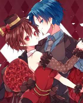 Rule 34 | 1boy, 1girl, :o, argyle background, bare shoulders, black gloves, blue eyes, blue hair, blue shirt, bouquet, brown hair, brown jacket, brown sleeves, closed mouth, collared shirt, commentary request, detached sleeves, double-parted bangs, dress, flower, gloves, grey necktie, hair between eyes, highres, holding hands, jacket, kaho 0102, kaito (vocaloid), long sleeves, looking at viewer, meiko (vocaloid), necktie, open mouth, polka dot sleeves, red background, red dress, red eyes, red flower, red rose, rose, shirt, short hair, smile, strapless, strapless dress, upper body, vocaloid