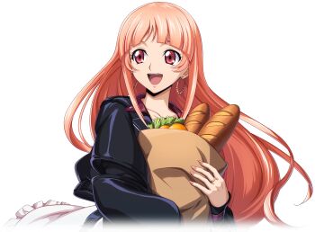 1girl black_jacket code_geass code_geass:_lost_stories coral_hair_ornament earrings f4samurai fine_k_darlton hair_ornament happy jacket jewelry long_hair looking_at_viewer official_art open_mouth pink_hair red_eyes smile solo teeth