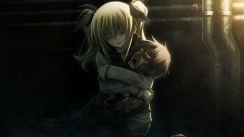 1boy 1girl arimura_hinae arms_around_neck bags_under_eyes black_bow black_pantyhose black_ribbon black_theme black_vest blonde_hair blood blood_on_clothes blue_hair blue_shorts bow brown_shoes chaos;child closed_eyes colored_skin corpse dark decay dirty exhausted game_cg green_skin hair_between_eyes hair_bow hekiho_academy hekiho_academy_school_uniform highres holding hood hooded_vest hoodie hug jacket lapels light_particles long_hair long_sleeves miyashiro_takuru multiple_hair_bows necktie non-web_source notched_lapels official_art open_mouth pantyhose pantyhose_under_shorts pink_lips red_necktie ribbon rotten rotting sasaki_mutsumi school_emblem science_adventure sewer shiny_lips shirt shoes shorts sidelocks sleeves_past_wrists solo striped_sleeves teeth tongue tube vest white_shirt wide-eyed