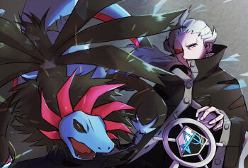 1boy 1other black_cloak black_sclera cloak colored_sclera commentary covered_mouth dappled_sunlight dragon facing_another facing_to_the_side gen_5_pokemon ghetsis_(pokemon) grey_background high_collar highres holding holding_staff hydreigon light_particles male_focus multiple_heads nintendo pokemon pokemon_bw2 red_eyes scouter staff sunlight upper_body user_csyw2574 wind