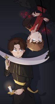 Rule 34 | 2boys, absurdres, alternate costume, alternate universe, animification, antenna hair, beard stubble, black coat, black eyes, black robe, brown hair, candle, chinese commentary, cigarette, clenched teeth, coat, collared shirt, commentary request, cross, crossed arms, curtained hair, eddsworld, eye contact, facial hair, grey background, highres, holding, holding candle, holding cross, holding scythe, long sleeves, looking at another, mouth hold, multiple boys, open clothes, open coat, patryck (eddsworld), paul (eddsworld), piao-water, red shirt, robe, rotational symmetry, scythe, shirt, short hair, simple background, stubble, sweatdrop, swept bangs, teeth, thick eyebrows, trench coat, unlit cigarette in mouth, upside-down