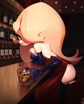 1boy amazingbababa angel_dust breasts crossdressing dress elbow_gloves gloves hazbin_hotel hellaverse highres large_breasts long_hair looking_at_viewer pink_hair purple_gloves red_dress side_slit smile solo thighs