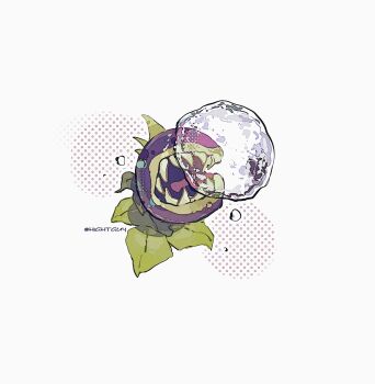 Rule 34 | air bubble, artist name, bubble, chomper (plants vs. zombies), commentary, facing up, film grain, from above, halftone, halftone background, highres, hightguy, leaf, no eyes, no humans, open mouth, plant, plant focus, plants vs. zombies, sharp teeth, simple background, solo, spikes, symbol-only commentary, teeth, tongue, white background