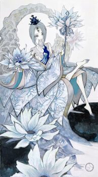 1girl absurdres artist_name bare_legs bare_shoulders barefoot black_crown black_eyeliner black_eyes blue_eyeshadow blue_hair bob_cut commentary_request crossed_legs crown extra_eyes eyeliner eyeshadow facing_viewer flower highres inverted_bob japanese_clothes kimono kimono_pull looking_at_viewer lotus makeup original print_kimono shiguretau short_hair signature simple_background sitting solo tattoo traditional_media