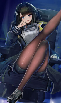 1girl absurdres arknights arknights:_endfield black_coat black_hair black_shoes black_shorts blue_eyes brown_pantyhose chair coat commentary endministrator_(arknights) female_endministrator_(arknights) foot_out_of_frame grey_sweater hair_ornament highres hiun64 leg_up looking_at_viewer on_chair open_clothes open_coat pantyhose shoes short_hair shorts sitting smile solo sweater swivel_chair