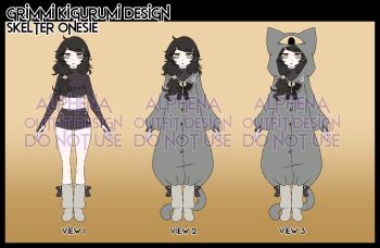 1girl absurdres ahoge alphena black_hair black_ribbon black_shirt black_shorts breasts commentary cosplay english_commentary eye_print full_body grey_leg_warmers grimmi_(kigurumi)_(vtuber) grimmi_(vtuber) highres indie_virtual_youtuber kigurumi leg_warmers legs long_sleeves midriff official_art onesie orange_background pajamas pale_skin reference_sheet ribbon ringed_eyes shirt shorts side_ponytail simple_background sleepwear sleeves_past_wrists small_breasts thighs virtual_youtuber watermark yellow_eyes