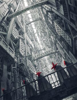 Rule 34 | 5others, absurdres, alley, architecture, bridge, building, city, commentary request, glowing, glowing eyes, greyscale, highres, industrial pipe, kamikairo, mask, monochrome, multiple others, original, railing, red mask, robe, scenery, speaker, spot color, stairs, vanishing point