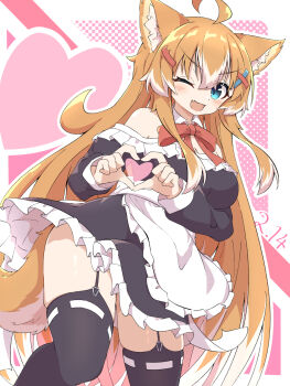 Rule 34 | 1girl, ahoge, alternate costume, animal ear fluff, animal ears, apron, aqua eyes, black dress, black thighhighs, bow, bowtie, dated, detached collar, dress, fang, feet out of frame, four-finger heart hands, frilled apron, frilled dress, frills, garter straps, hair between eyes, hair ornament, hairclip, halftone, halftone background, heart, heart hands, highres, light blush, long hair, looking at viewer, maid, multicolored hair, off-shoulder dress, off shoulder, one eye closed, open mouth, orange hair, original, pink background, red bow, red bowtie, ribbon-trimmed thighhighs, ribbon trim, sidelocks, skin fang, skindentation, smile, solo, tail, thighhighs, toramaru2001710, two-tone hair, valentine, very long hair, white apron, white hair, x hair ornament
