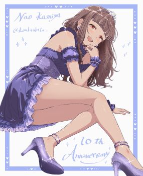 1girl absurdres anniversary bare_legs bare_shoulders blunt_bangs brown_hair character_name corset cross-laced_clothes cross-laced_corset detached_sleeves diamond_(shape) dress earrings english_text frilled_dress frills full_body heart high_heels highres idolmaster idolmaster_cinderella_girls jewelry kamiya_nao koukashita long_hair looking_at_viewer open_mouth pumps purple_corset purple_dress purple_shoes purple_wrist_cuffs red_eyes shoes silver_tiara smile solo sparkle stiletto_heels thighs twitter_username white_background wrist_cuffs