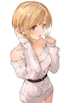 1girl absurdres aiba_yumi b1ack_illust belt blonde_hair blush breasts cleavage collarbone commentary_request commission dress flower highres holding holding_flower idolmaster idolmaster_cinderella_girls looking_at_viewer medium_breasts off-shoulder_dress off_shoulder pixiv_commission short_hair simple_background smile solo sweater sweater_dress white_background white_dress