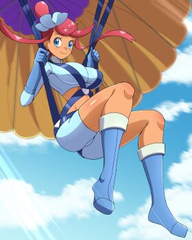 Rule 34 | 1girl, absurdres, blue boots, blue eyes, blue gloves, blue shorts, blue sky, boots, breasts, closed mouth, commentary, crop top, day, english commentary, gloves, highres, large breasts, looking at viewer, midriff, nintendo, parachute, pokemon, pokemon black and white, red hair, short shorts, shorts, sidelocks, sky, skyla (pokemon), smile, solo, zuchysdraws