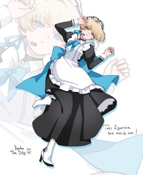 1girl absurdres apron artist_name back_bow black_dress blonde_hair blue_archive blue_bow blue_bowtie blue_eyes bow bowtie commentary dress earpiece english_commentary english_text frilled_apron frills full_body hands_up highres leg_up long_sleeves looking_at_viewer mad_ryouko maid maid_apron maid_headdress mixed-language_commentary no_halo photo-referenced puffy_sleeves shoes signature single_shoe socks solo_focus toki_(blue_archive) white_apron white_socks zoom_layer