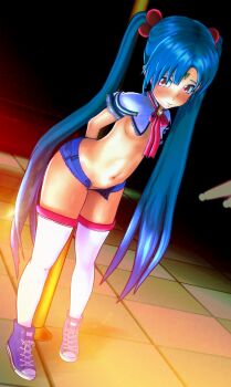1girl 3d blue_hair blush breasts facial_mark female_focus forehead_mark freckles full_body highres indoors kyoshourz loli long_hair looking_at_viewer masaki_sasami_jurai nail_polish overalls perky_breasts pink_eyes pink_nails shoes small_breasts sneakers solo stripper tenchi_muyou! twintails