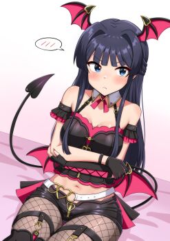 1girl :< absurdres asymmetrical_gloves bare_shoulders black_gloves black_hair black_shorts blue_eyes breasts closed_mouth collarbone commentary_request demon_girl demon_tail demon_wings elbow_gloves fingerless_gloves fingernails fishnet_pantyhose fishnets gloves hair_intakes head_wings highres idolmaster idolmaster_million_live! idolmaster_million_live!_theater_days long_hair looking_at_viewer medium_breasts micro_shorts mimiu_p mogami_shizuka monster!_devil_(idolmaster) navel pantyhose sharp_fingernails shorts single_elbow_glove single_fingerless_glove solo spoken_blush tail thigh_strap wings