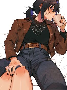 1girl absurdres alternate_costume amlichan artist_name belt black_nails black_shirt blue_eyes blue_hair blue_pants blush breasts brown_belt brown_jacket clothes_writing colored_inner_hair commentary cup denim drinking english_commentary english_text hair_intakes hand_on_another's_knee heart high-waist_pants highres holding holding_cup hololive hololive_english jacket jeans large_breasts leather leather_belt leather_jacket long_sleeves looking_at_viewer multicolored_hair nail_polish open_clothes open_jacket ouro_kronii pants parted_lips ponytail pov shirt sideways_glance solo_focus t-shirt turning_head two-tone_hair virtual_youtuber