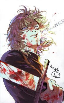 Rule 34 | badeni, bae (baebae), black shirt, blonde hair, blood, blood on face, blood on hands, bloody weapon, blue eyes, chi.: chikyuu no undou ni tsuite, collared shirt, commentary request, floating hair, highres, holding, holding sword, holding weapon, injury, korean commentary, long sleeves, shirt, sword, weapon, wide-eyed
